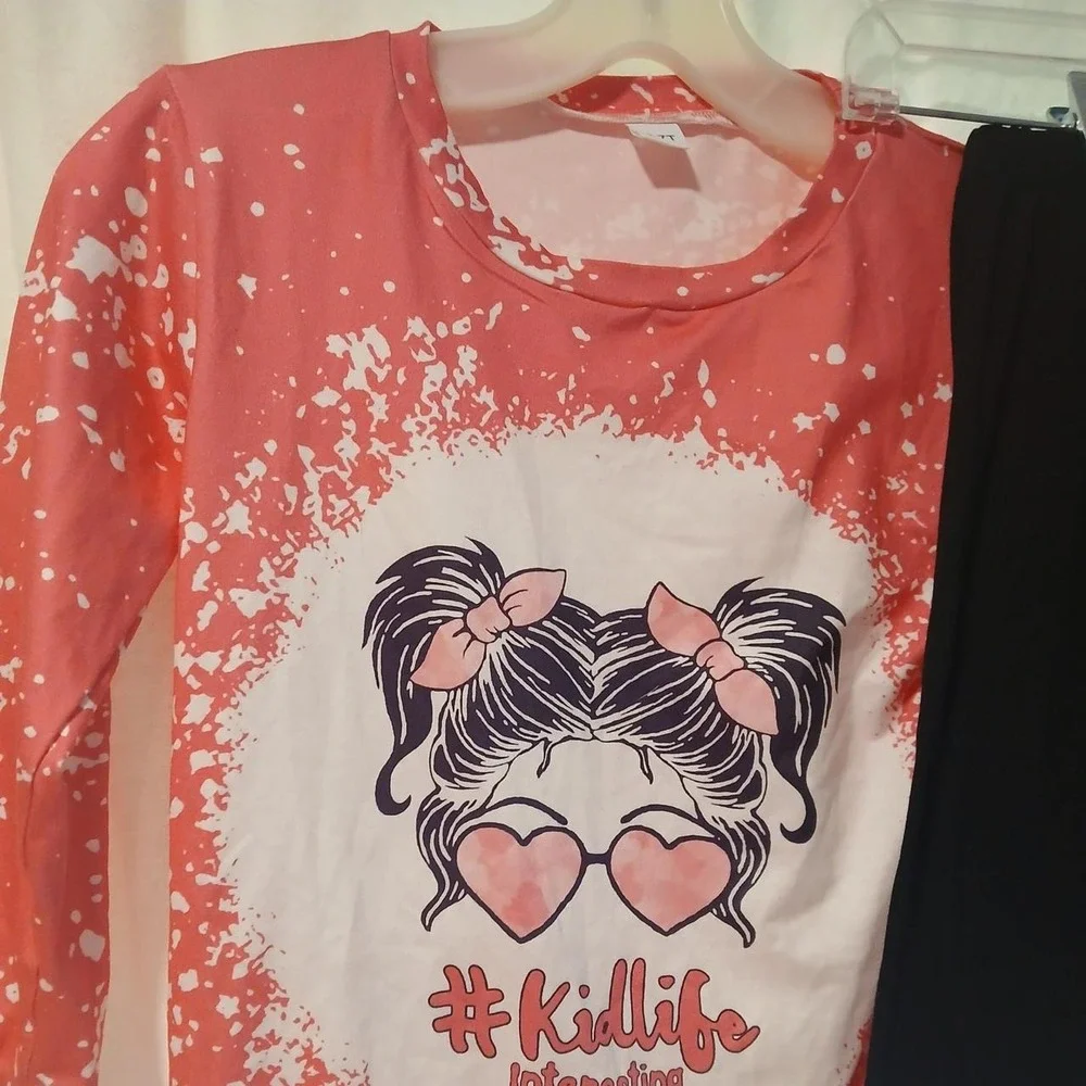 Pink White Splatter Kidlife Graphic Top Leggings Set Girls Size 6-7T Boutique
